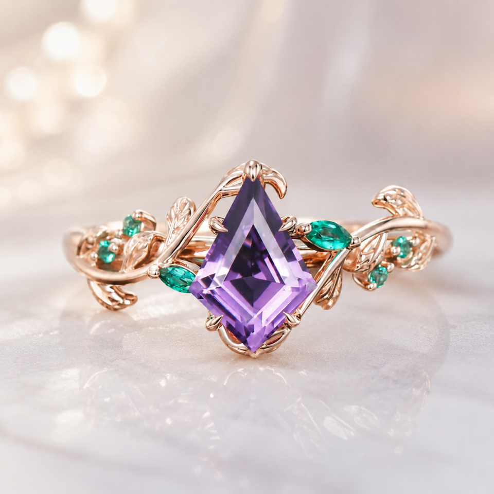 Leaf kite cut amethyst ring