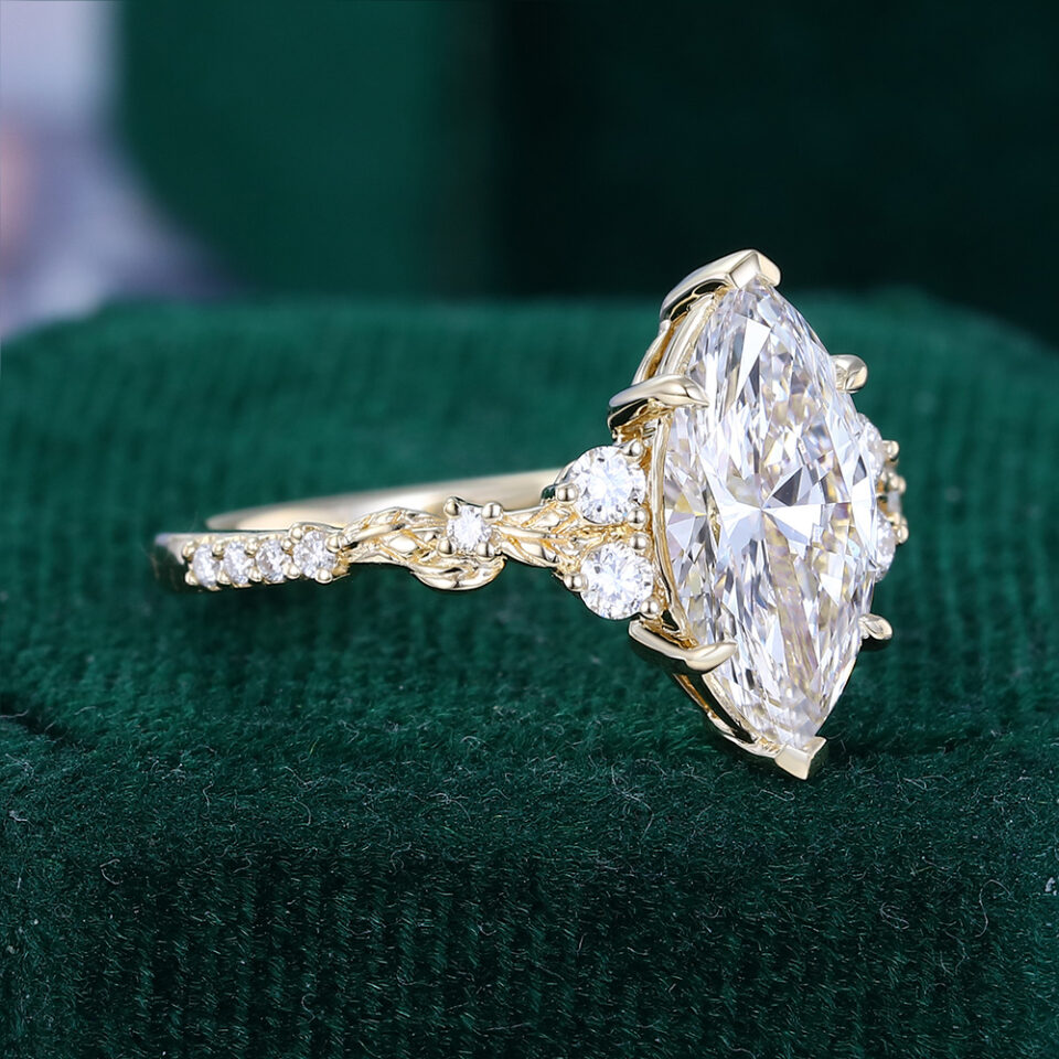 Nature Inspired Marquise Cut Lab Diamond Engagement Ring with Leaf Accents (2)