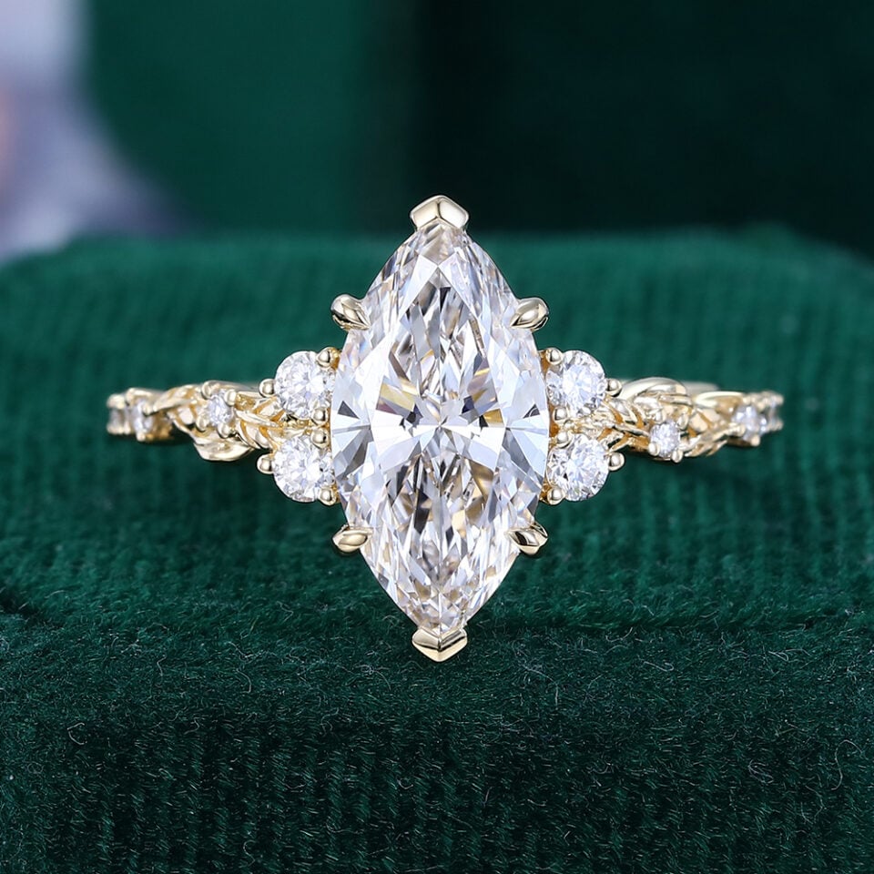 Nature Inspired Marquise Cut Lab Diamond Engagement Ring with Leaf Accents