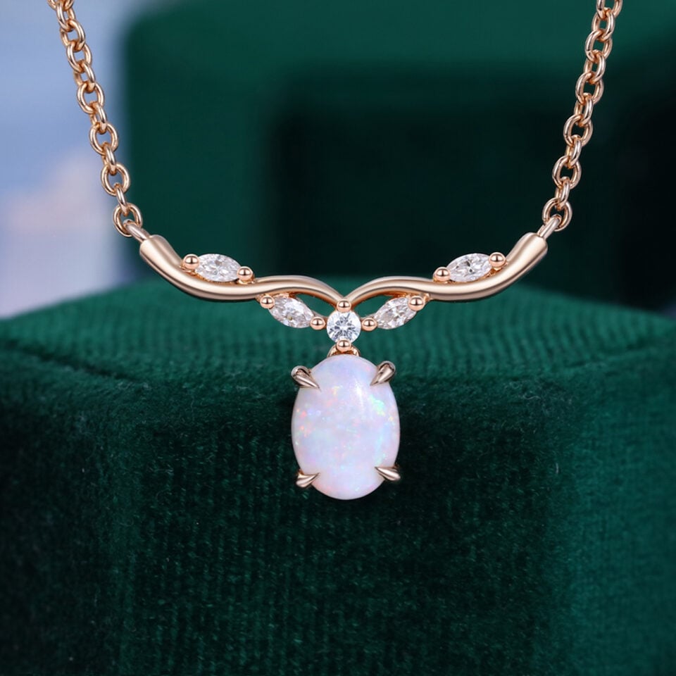 Oval Cut Opal Ribbon Bar Necklace For Her