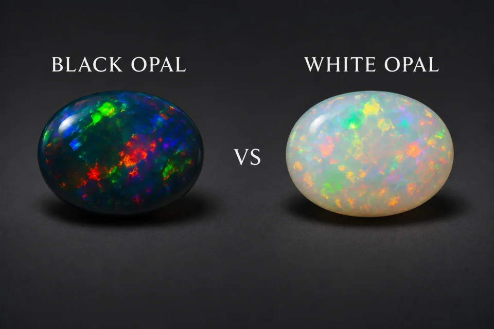 Side-by-side comparison of a black opal and a white opal showing play-of-color, labeled Black Opal vs White Opal