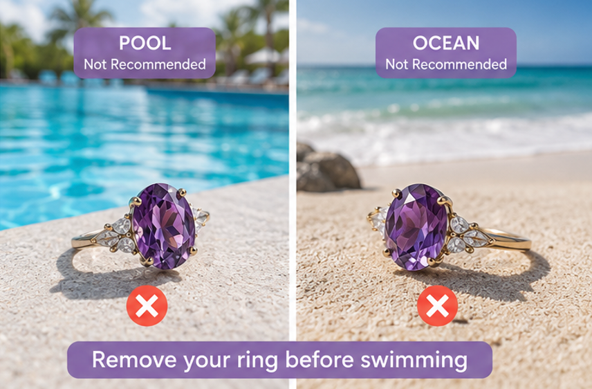Swimming pool and ocean water are not recommended for amethyst rings
