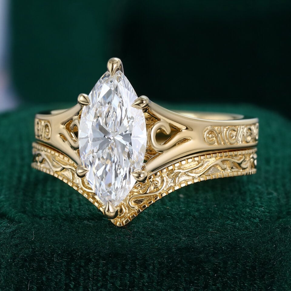 Vintage Marquise Cut Lab Diamond Bridal Ring Set Scroll Engraved Engagement Ring Set (1)