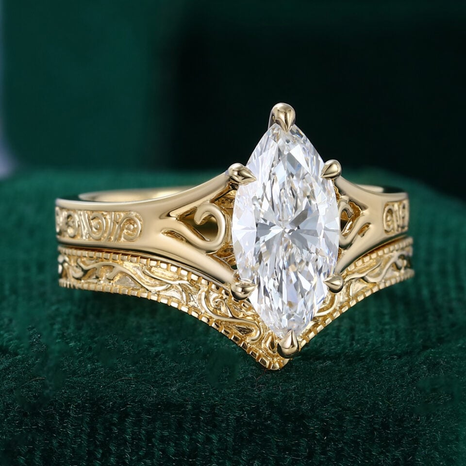 Vintage Marquise Cut Lab Diamond Bridal Ring Set Scroll Engraved Engagement Ring Set (2)