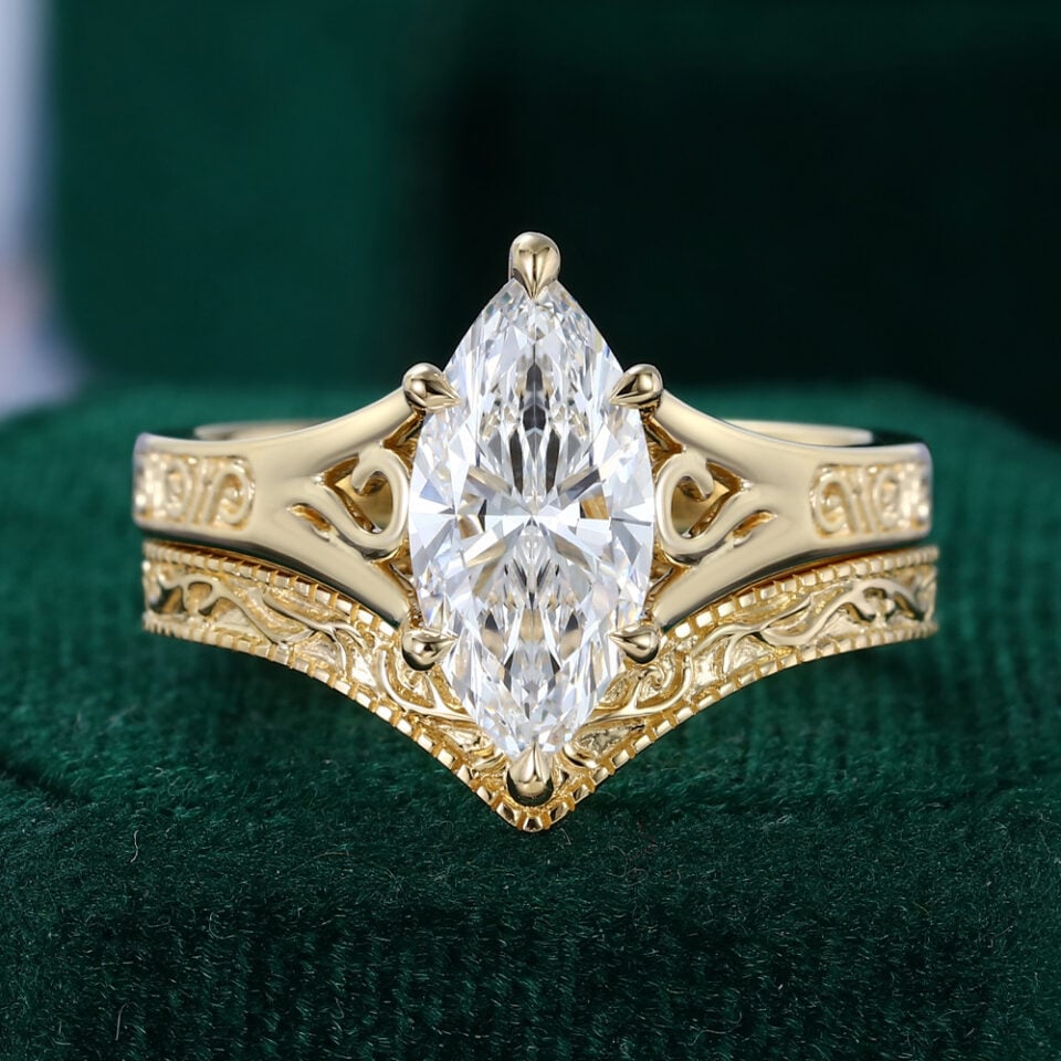 Marquise Cut Lab Diamond Bridal Ring Set Vintage Scroll Engraved Engagement Ring Set
