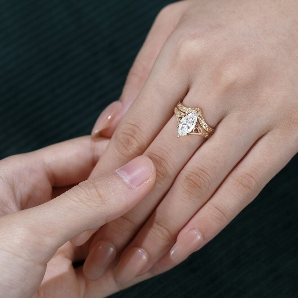 Vintage marquise cut lab diamond bridal ring set scroll engraved engagement ring set