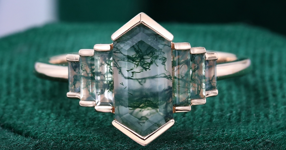 Elongated Hexagon Moss Agate Promise Ring Baguette Accented Bridal Ring