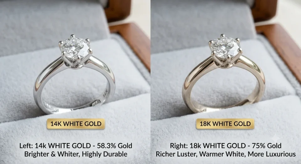 14k vs. 18k white gold engagement rings composition, durability, and tone comparison