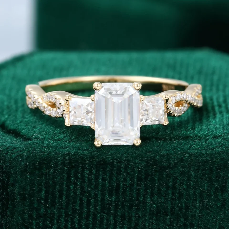 1CT Emerald Cut Moissanite Three Stone Engagement Ring Braid Pavé Band