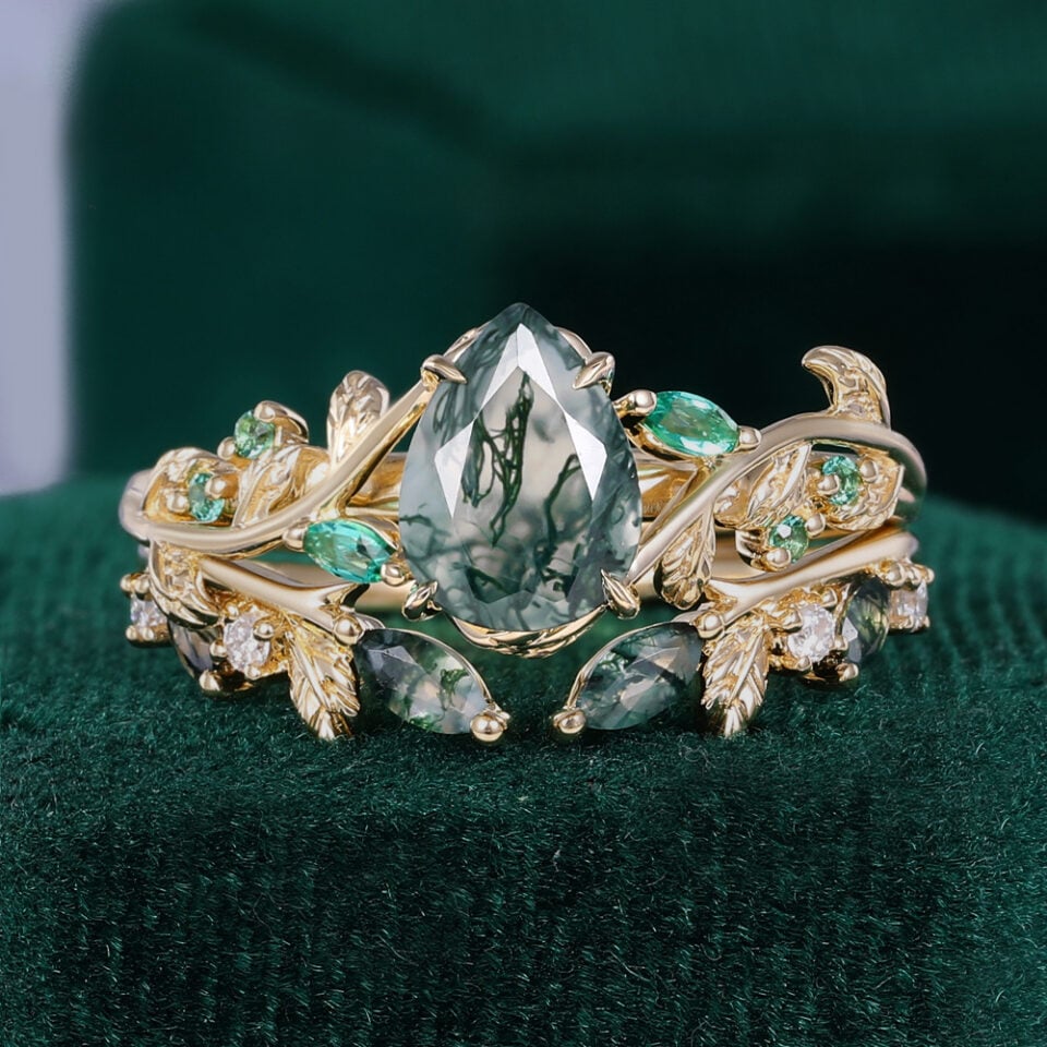 2PCS Pear Cut Moss Agate Leaflace Garden Themed Wedding Ring Set