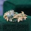 2PCS Pear Cut Moss Agate Leaflace Garden Themed Wedding Ring Set (2)