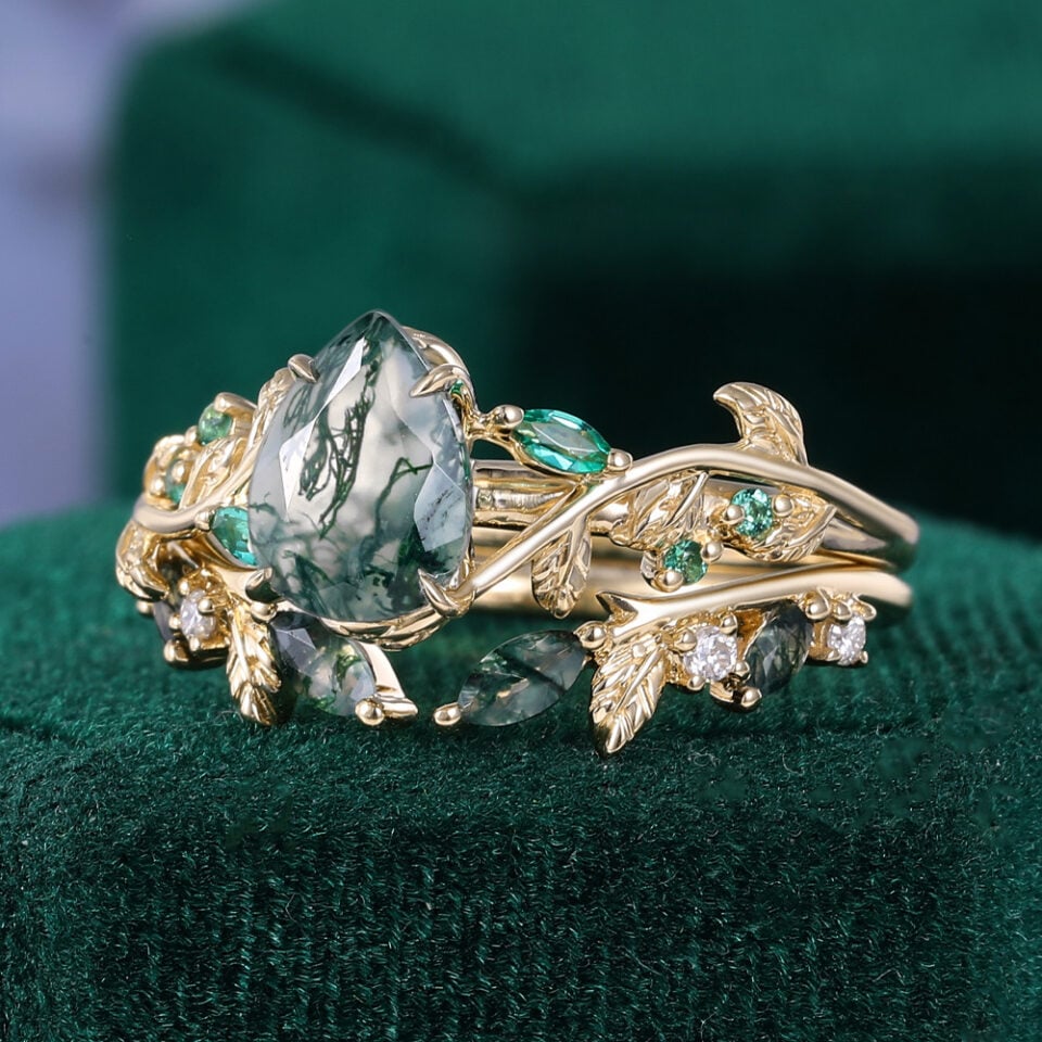 2PCS Pear Cut Moss Agate Leaflace Garden Themed Wedding Ring Set (2)