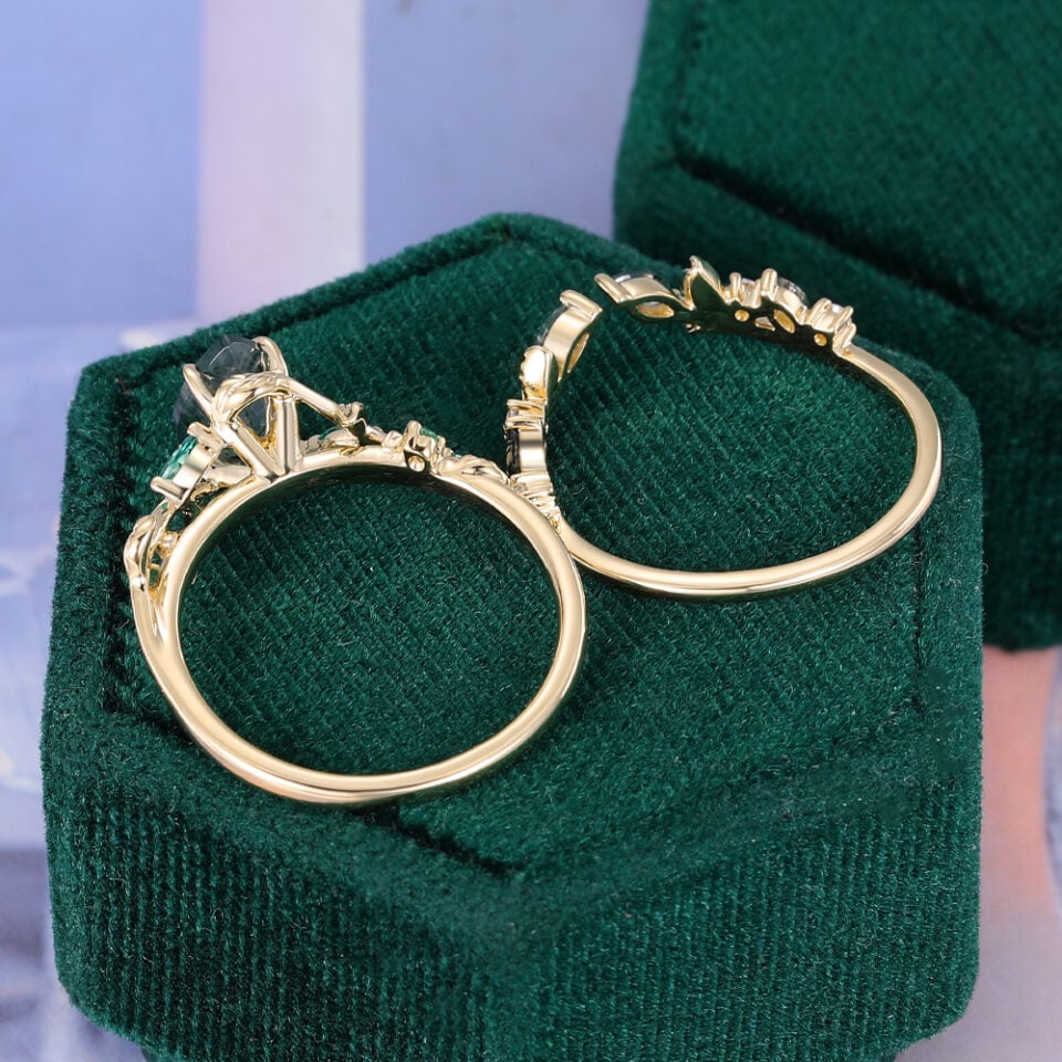 2PCS Pear Cut Moss Agate Leaflace Garden Themed Wedding Ring Set (3)