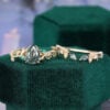 2PCS Pear Cut Moss Agate Leaflace Garden Themed Wedding Ring Set (4)