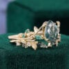 2PCS Pear Cut Moss Agate Leaflace Garden Themed Wedding Ring Set (5)