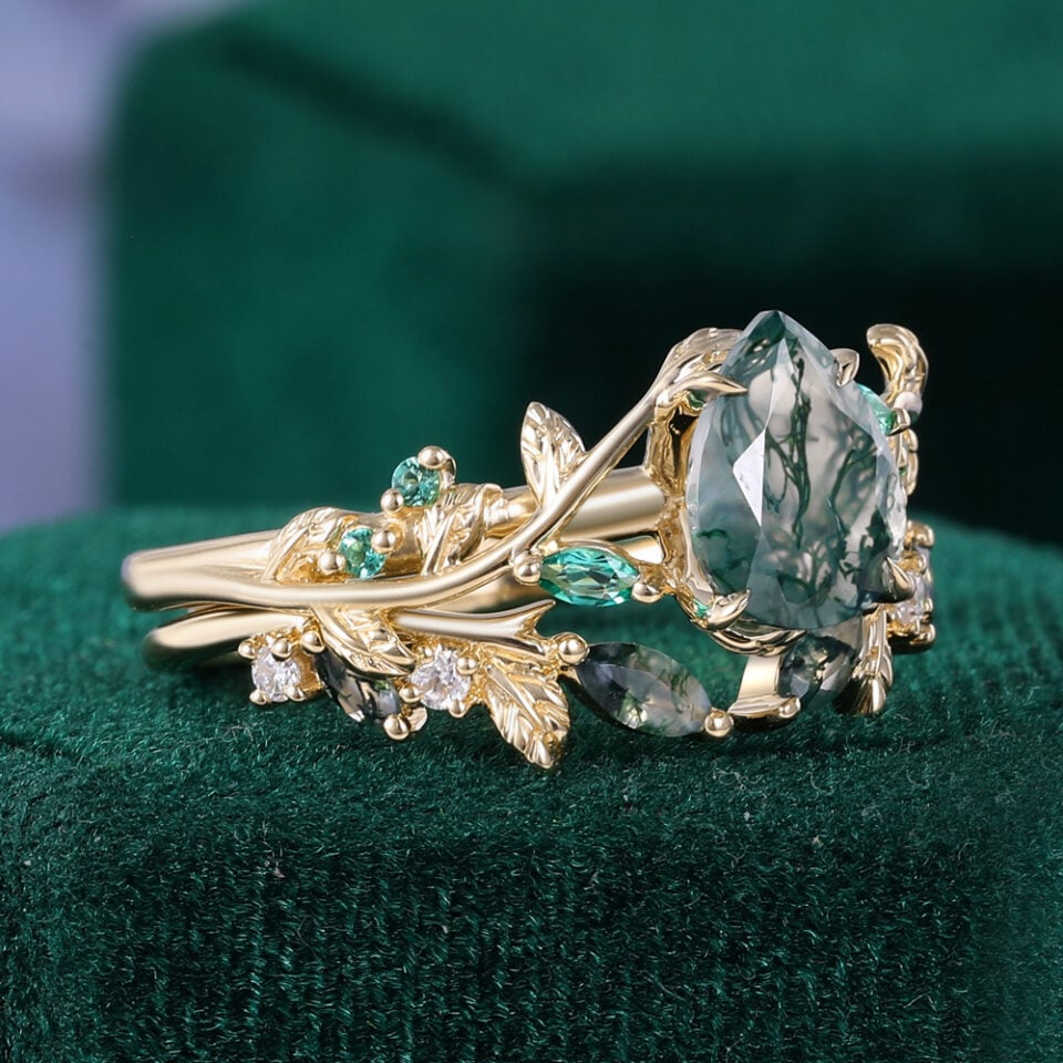 2PCS Pear Cut Moss Agate Leaflace Garden Themed Wedding Ring Set (5)