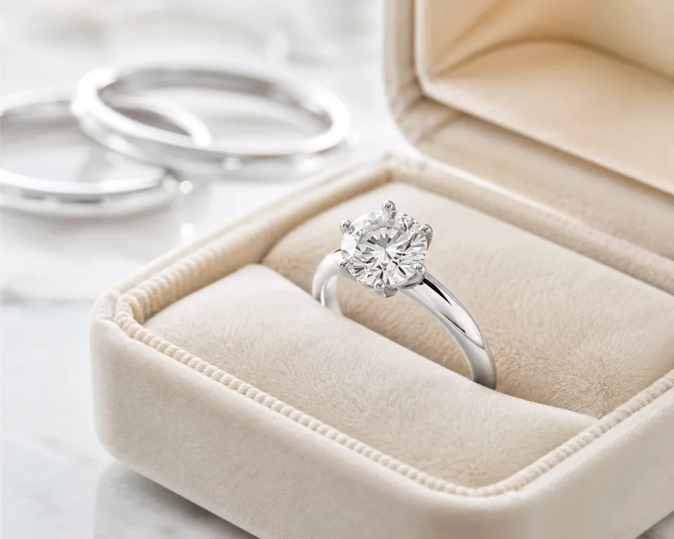 A brilliant diamond white gold engagement ring presented in a velvet jewelry box