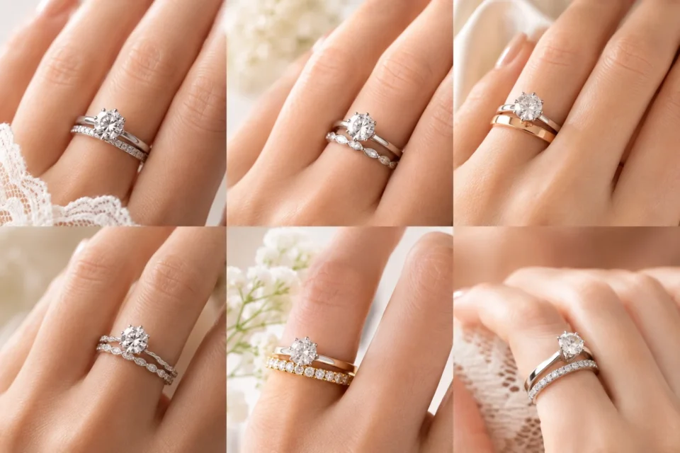 A collage of six images showing various white gold engagement and wedding ring combinations on women's fingers
