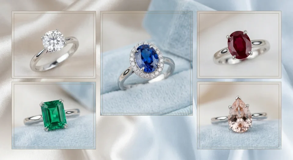 A curated gemstone ring collection featuring diamond, sapphire, ruby, emerald, and morganite