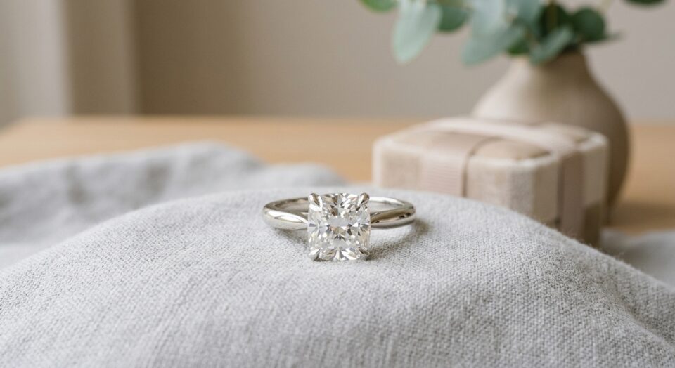 A cushion-cut diamond solitaire engagement ring displayed on a soft grey fabric surface