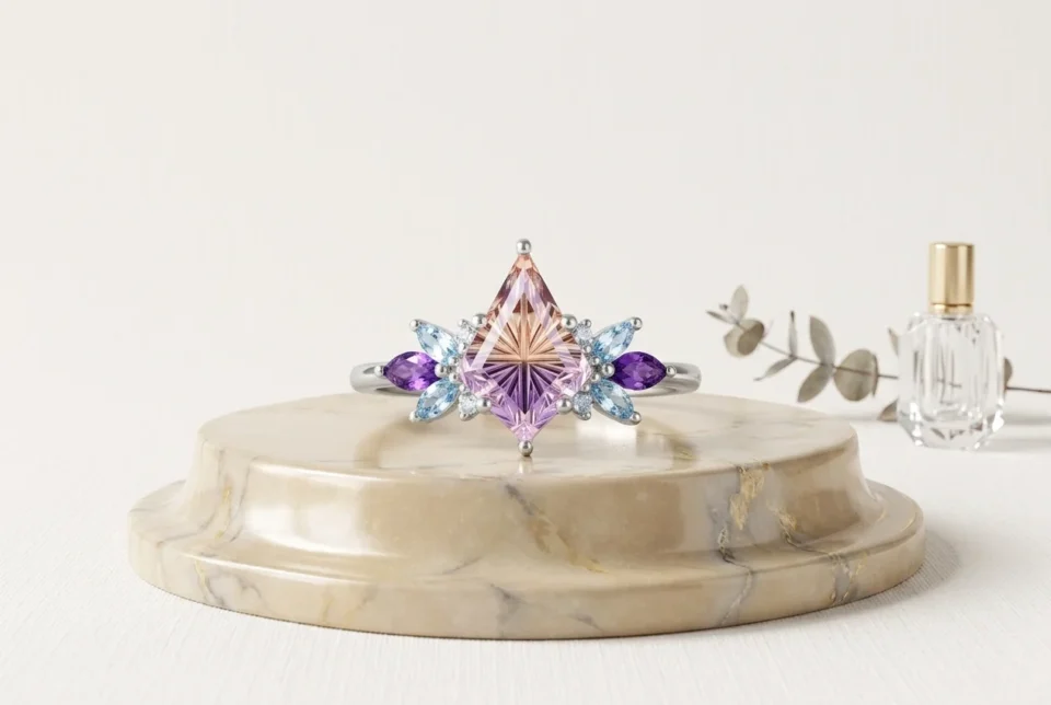 An elegant light purple and blue gemstone ring is displayed on a round marble platform