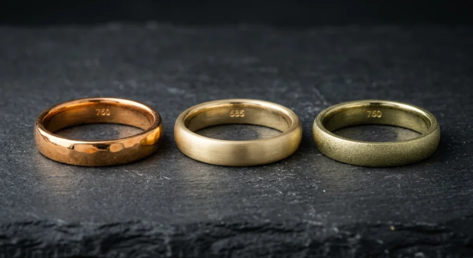 An elegant macro photograph of three distinct yellow gold rings displayed side-by-side on dark slate