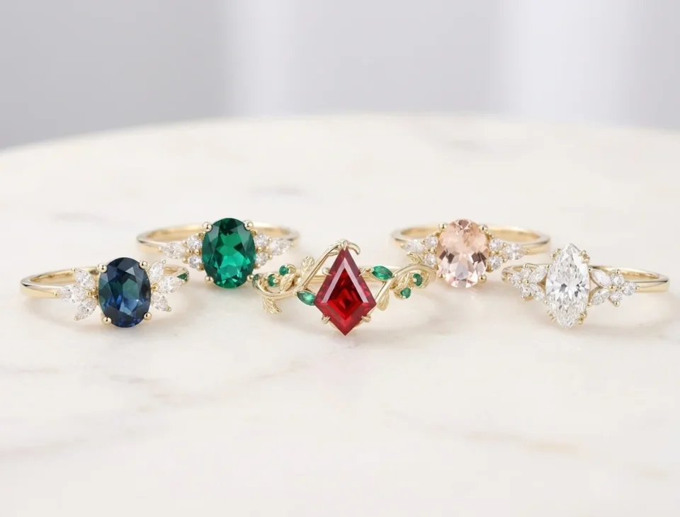 Five yellow gold rings with various gemstones including diamond, emerald, sapphire, and ruby are displayed on a marble surface