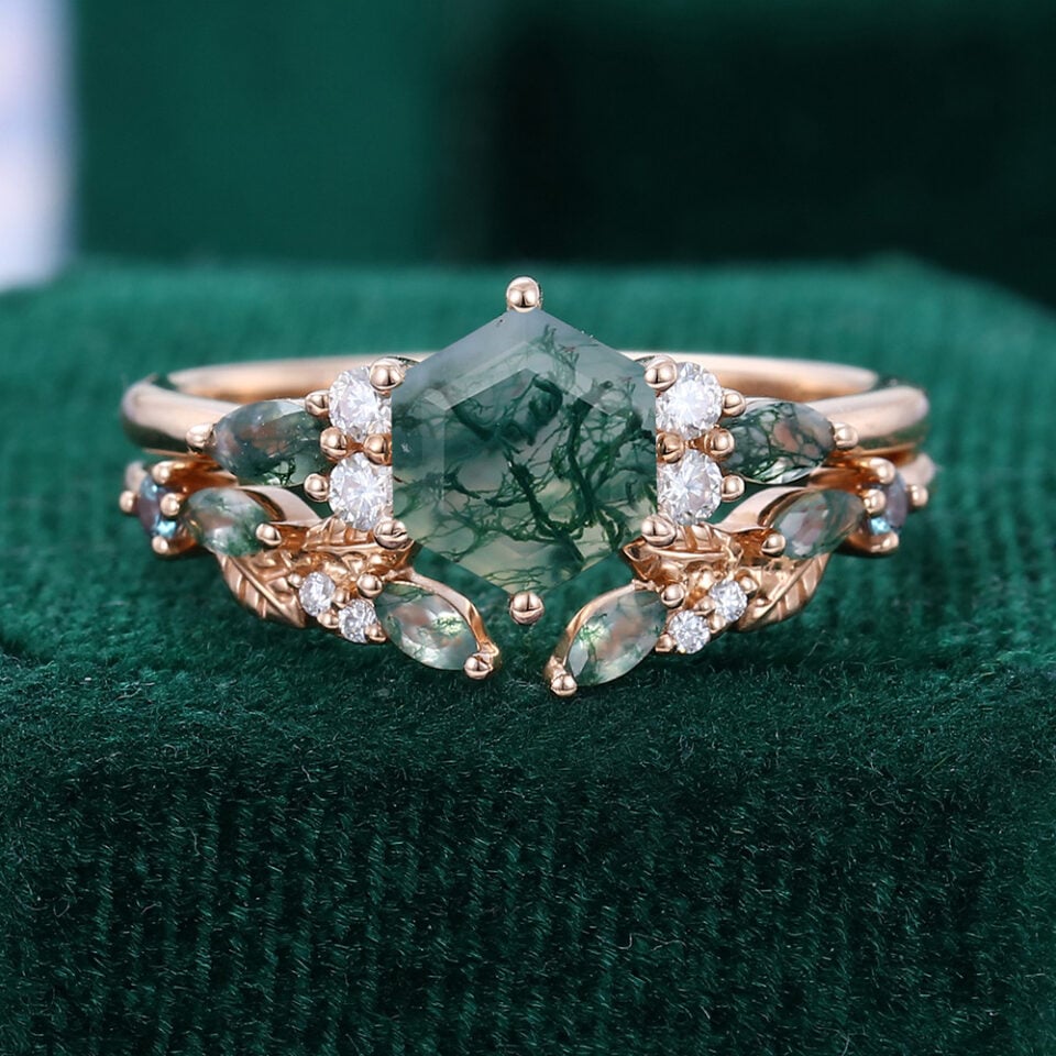 Hexagon Cut Moss Agate Enchanted Grove Bridal Set