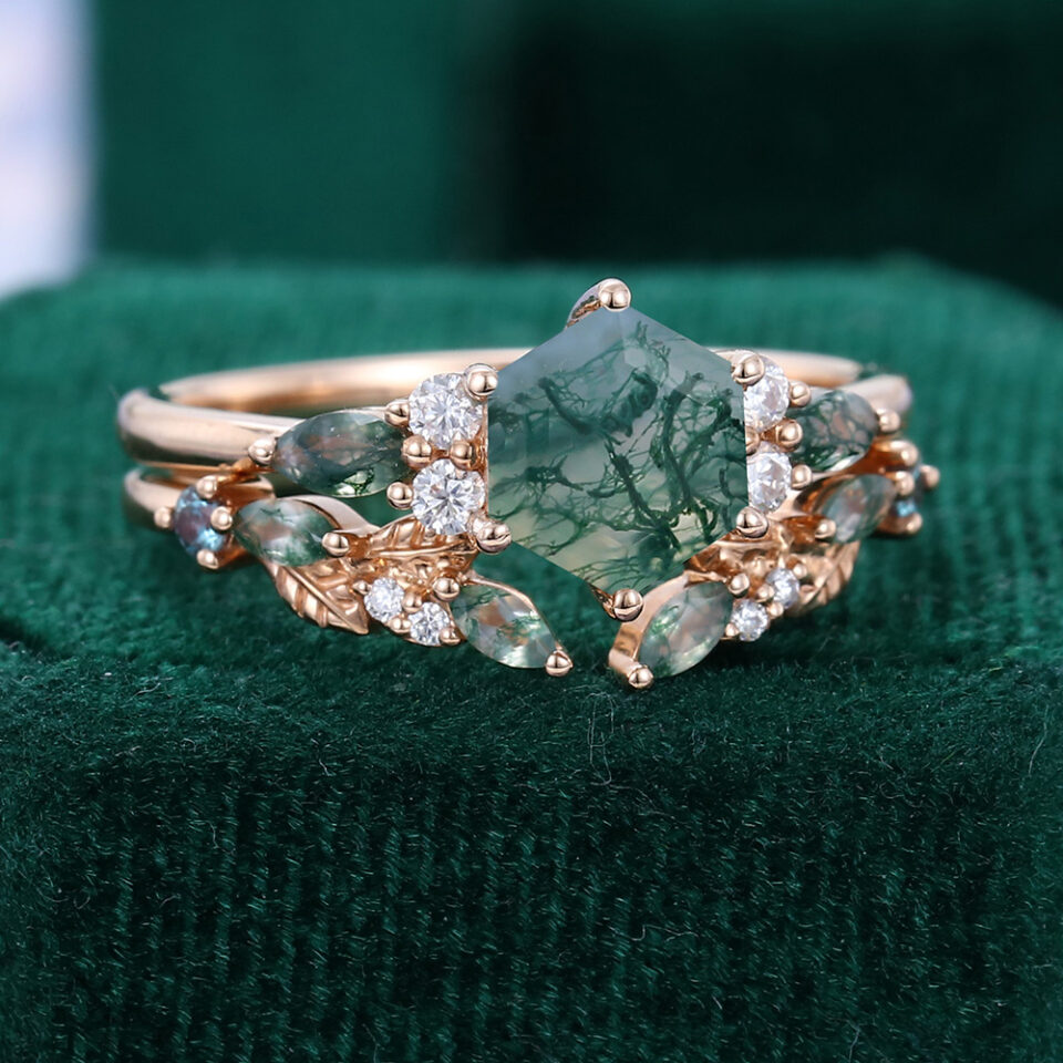 Hexagon Cut Moss Agate Enchanted Grove Bridal Set (2)
