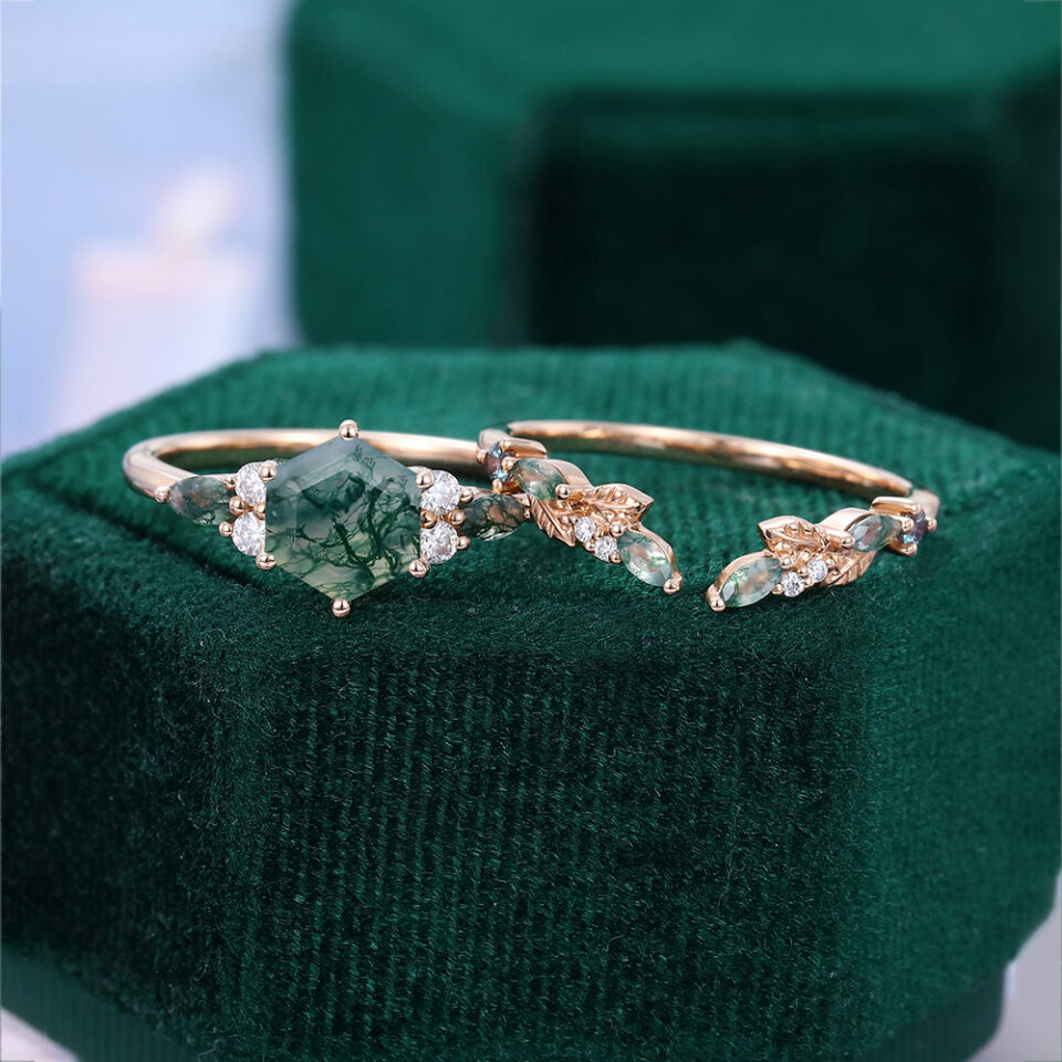 Hexagon Cut Moss Agate Enchanted Grove Bridal Set (5)