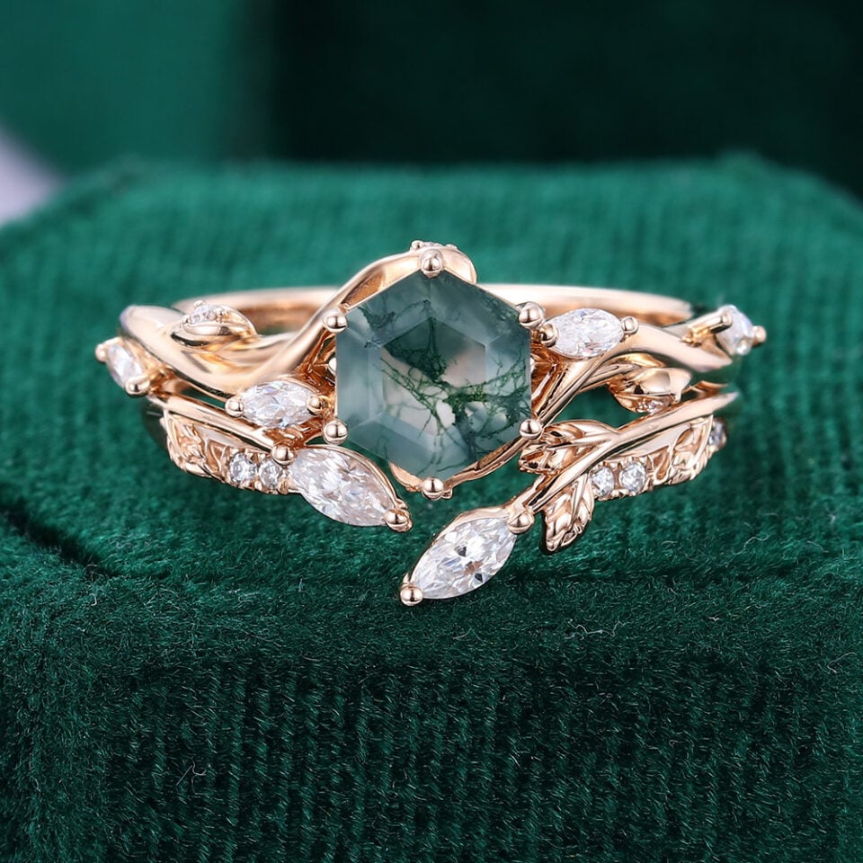 Hexagon Cut Moss Agate Sylvan Bough Bridal Set