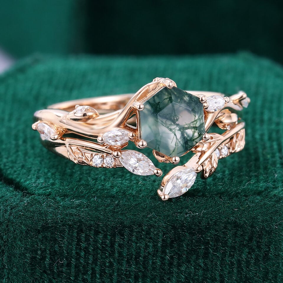 Hexagon Cut Moss Agate Sylvan Bough Bridal Set (2)