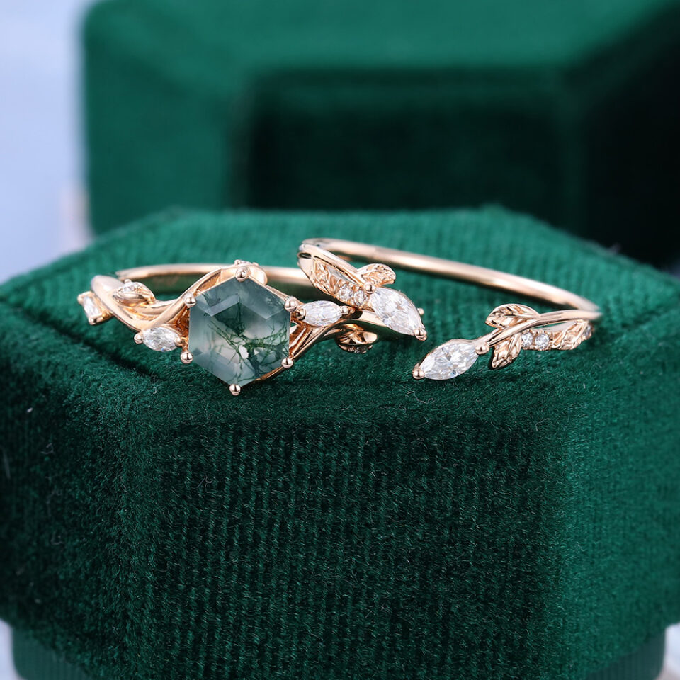 Hexagon Cut Moss Agate Sylvan Bough Bridal Set (5)