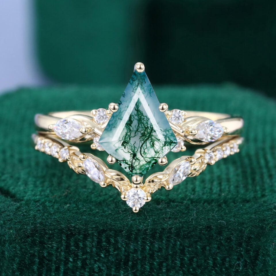 Kite Cut Moss Agate 2PCS Botanical Bridal Ring Set