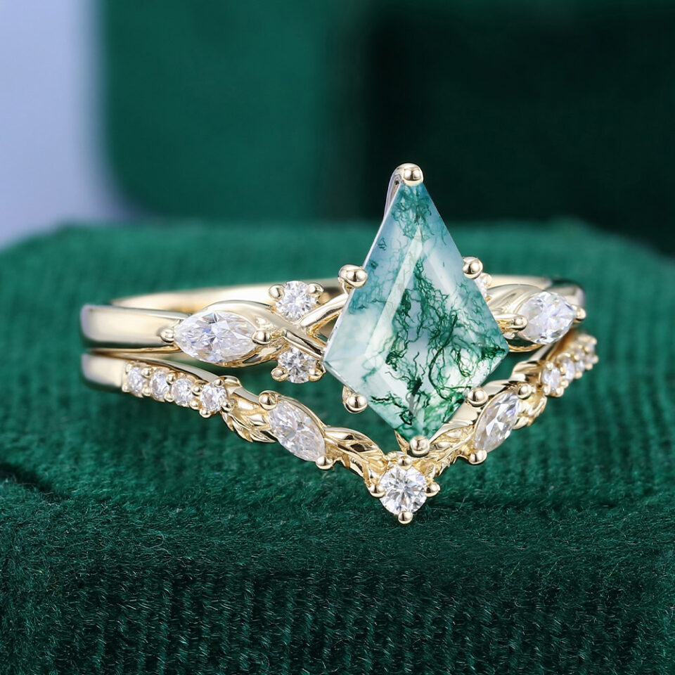 Kite Cut Moss Agate 2PCS Botanical Bridal Ring Set (2)