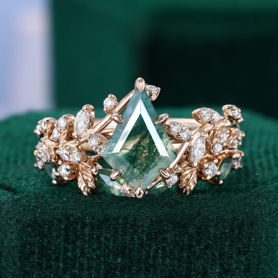 Kite Cut Moss Agate Enchanted TwigGlow Garden Themed Bridal Ring Set