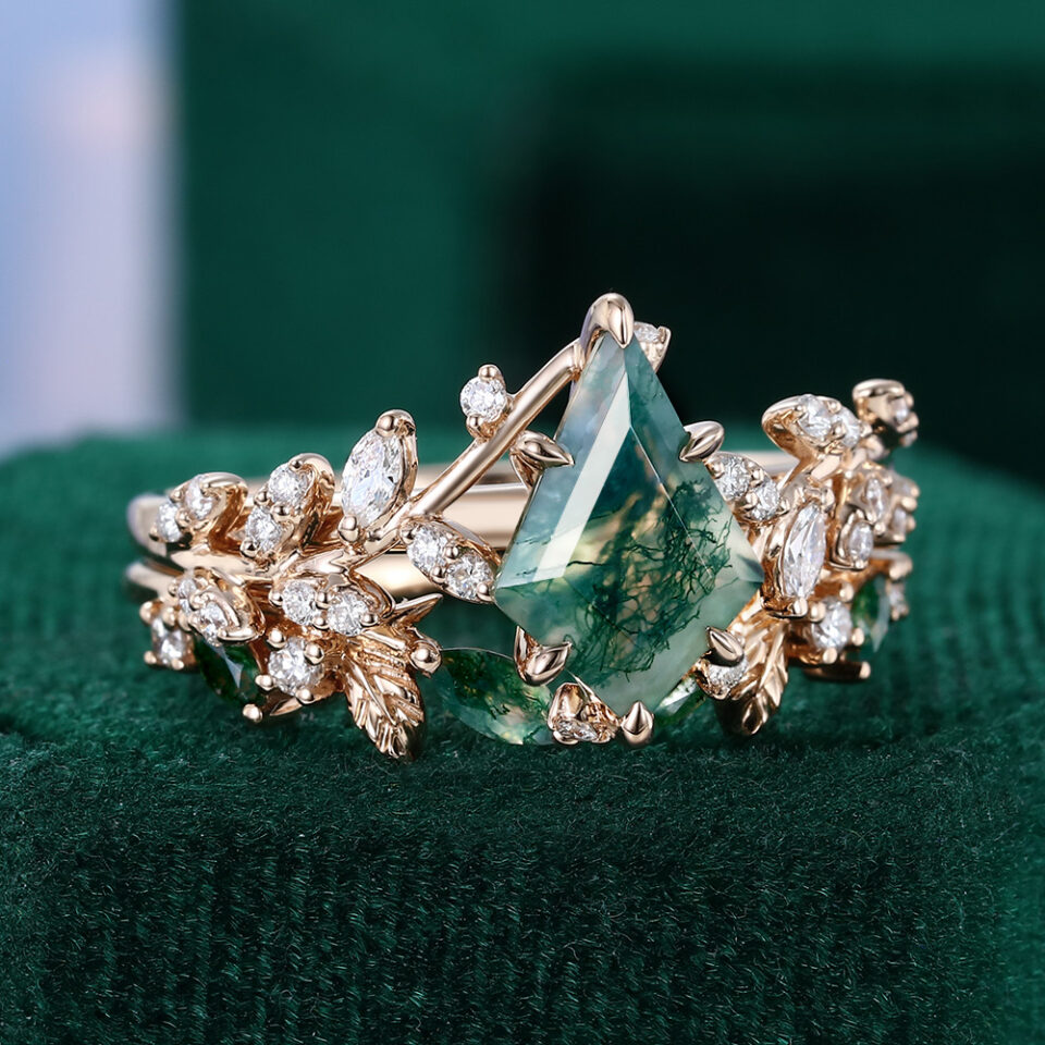 Kite Cut Moss Agate Enchanted TwigGlow Garden Themed Bridal Ring Set (2)