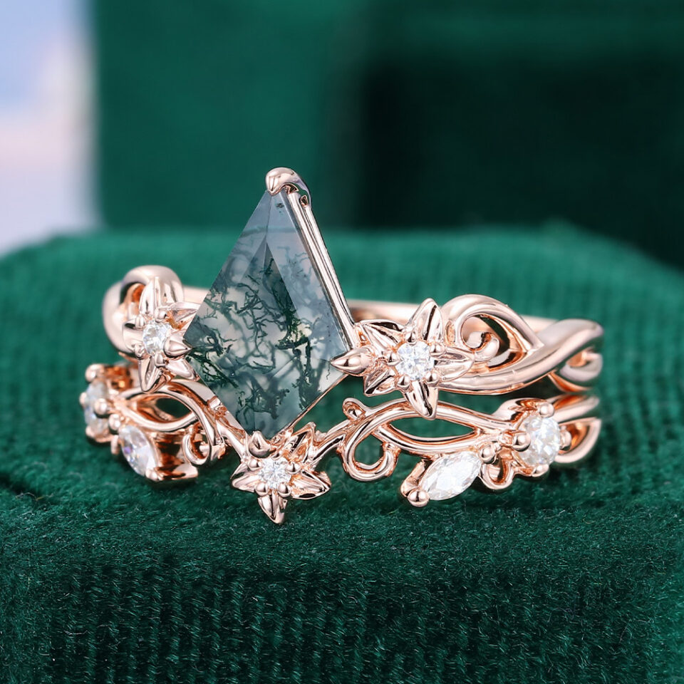 Kite Cut Moss Agate Nature Inspired Star Flower Engagement Ring Set (3)