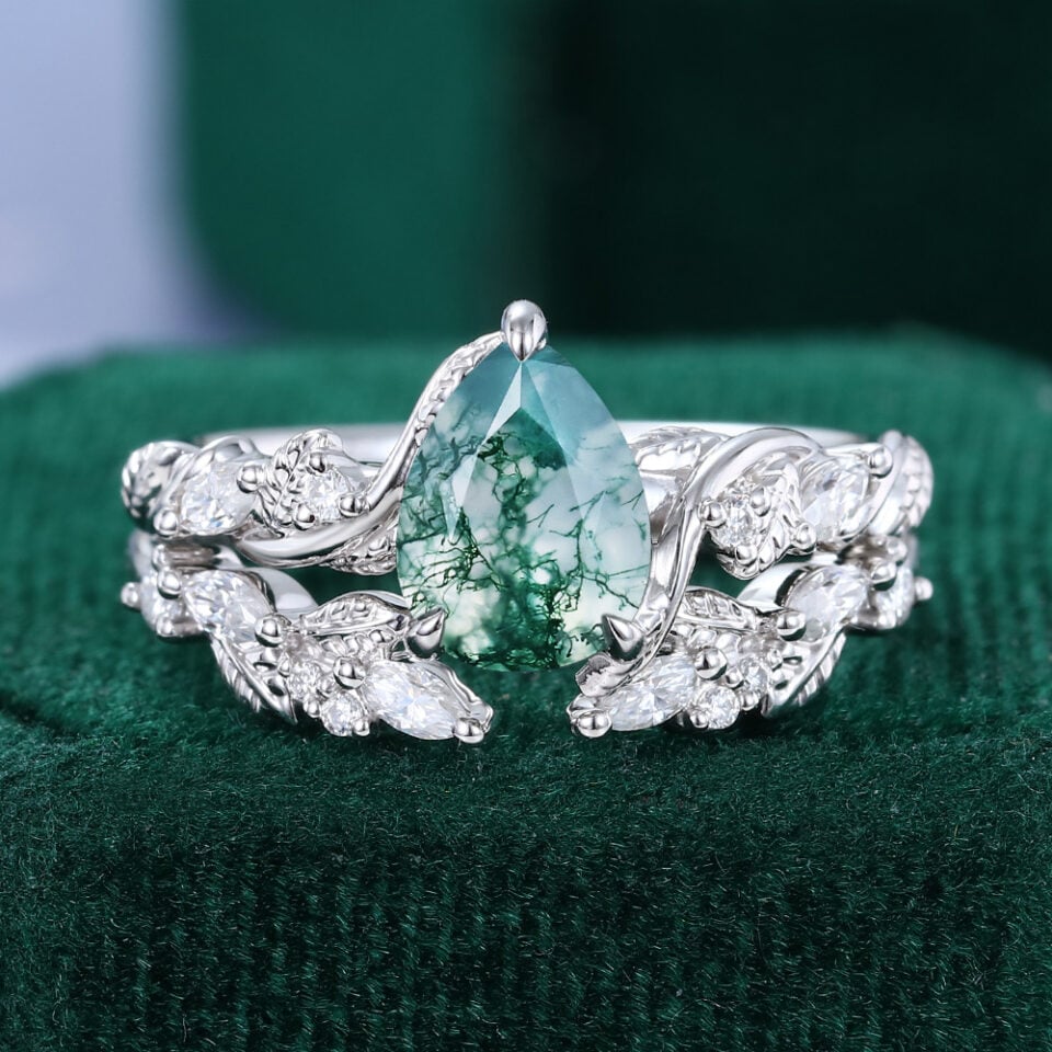 Leaf Accented Pear Cut Moss Agate Nature Inspired Bridal Set