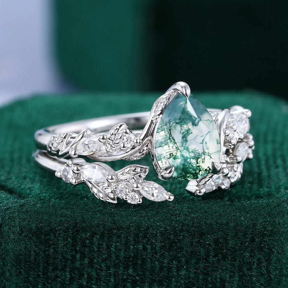 Leaf Accented Pear Cut Moss Agate Nature Inspired Bridal Set (3)