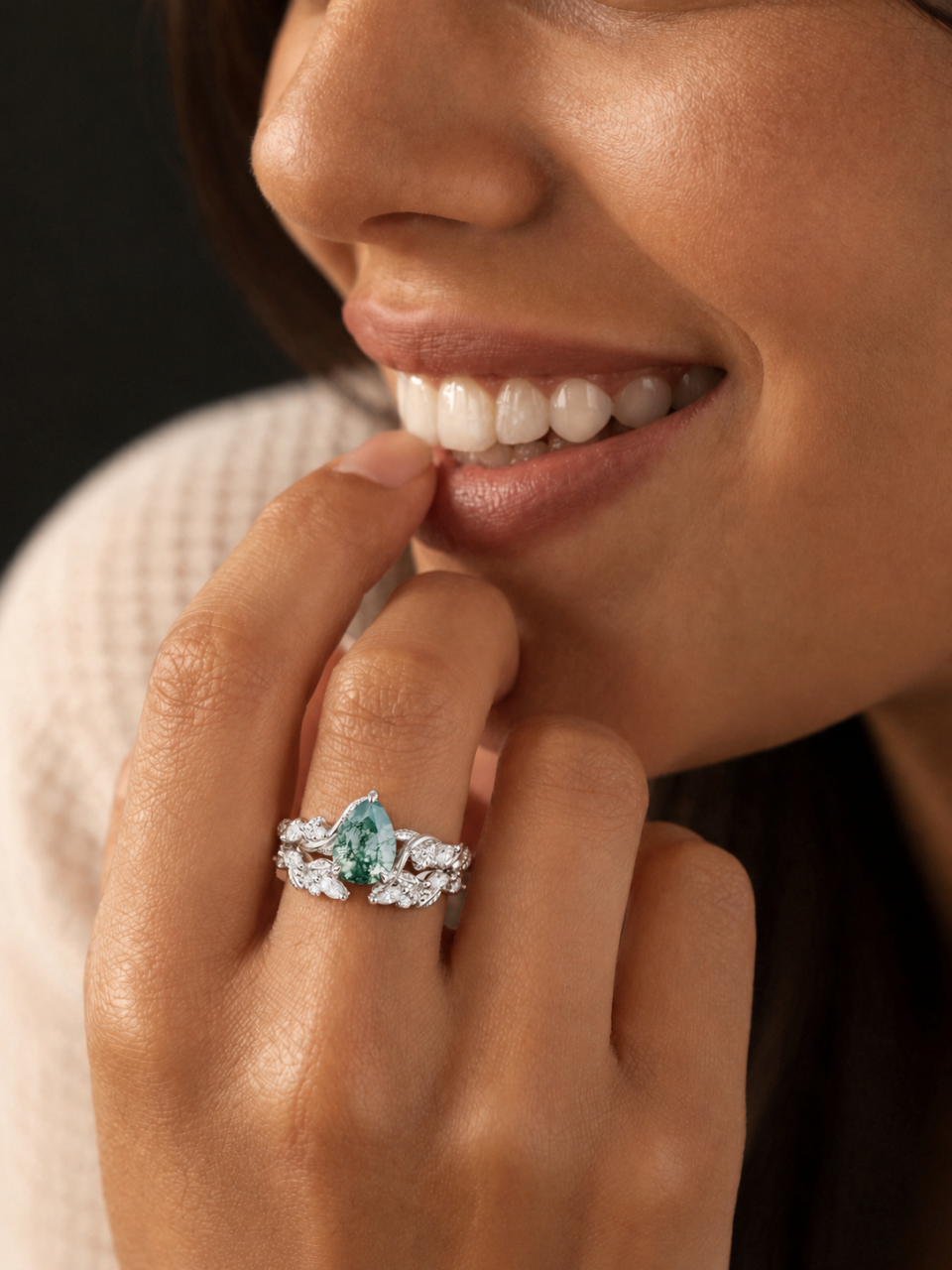Leaf Accented Pear Cut Moss Agate Nature Inspired Bridal Set