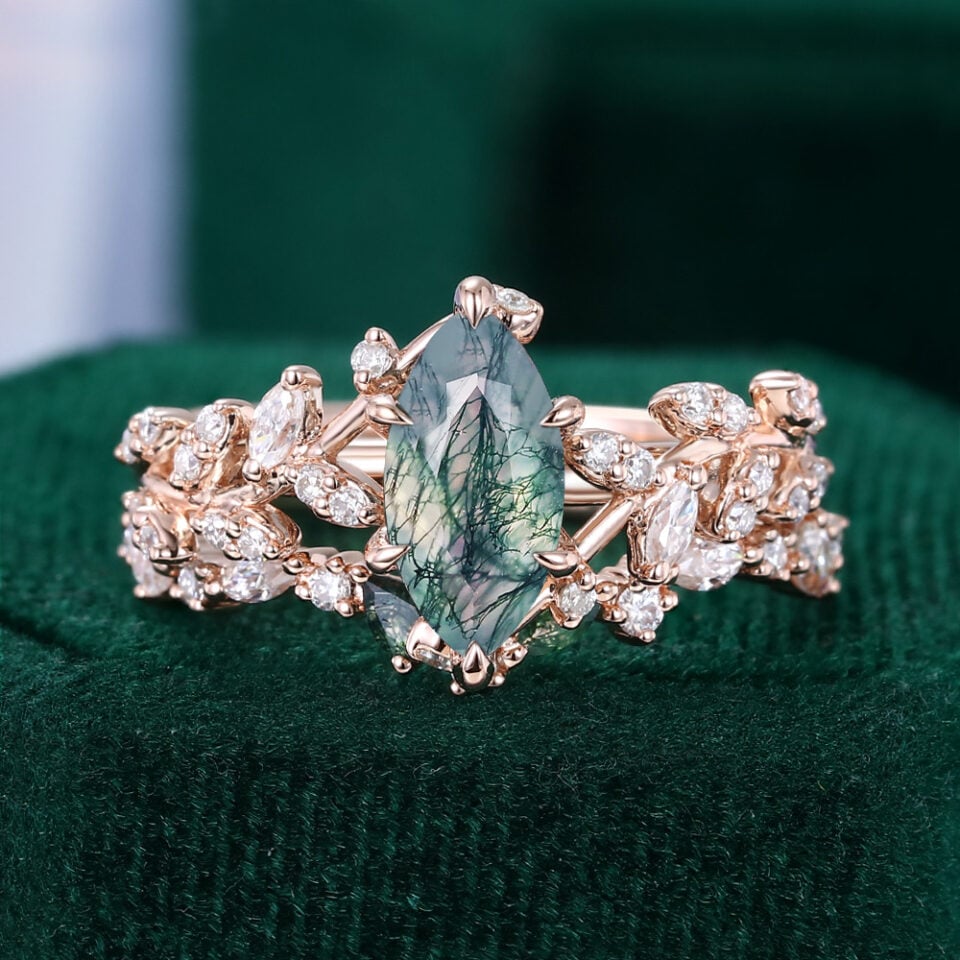 Marquise Cut Moss Agate Enchanted TwigGlow Bridal Set