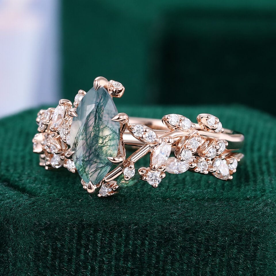 Marquise Cut Moss Agate Enchanted TwigGlow Bridal Set (3)