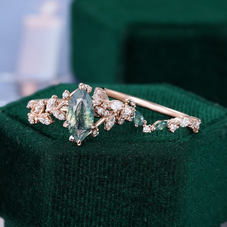 Marquise Cut Moss Agate Enchanted TwigGlow Bridal Set (5)