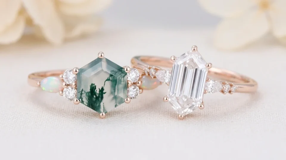 Moss agate hexagon engagement ring vs moissanite long hexagon engagement ring
