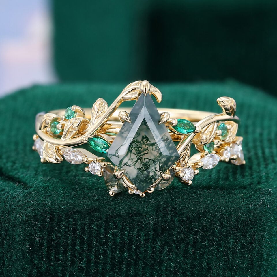 Nature Inspired Kite Cut Moss Agate Leaflace Bridal Ring Set