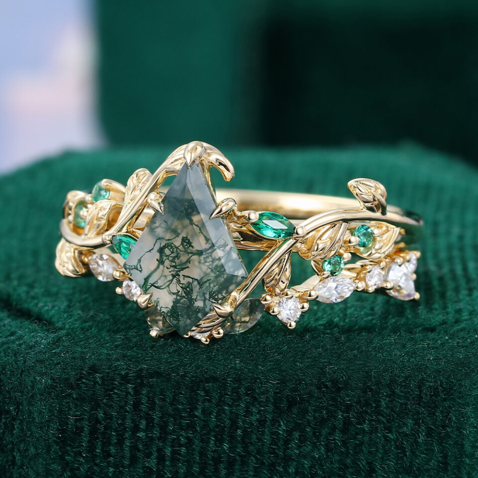 Nature Inspired Kite Cut Moss Agate Leaflace Bridal Ring Set (5)