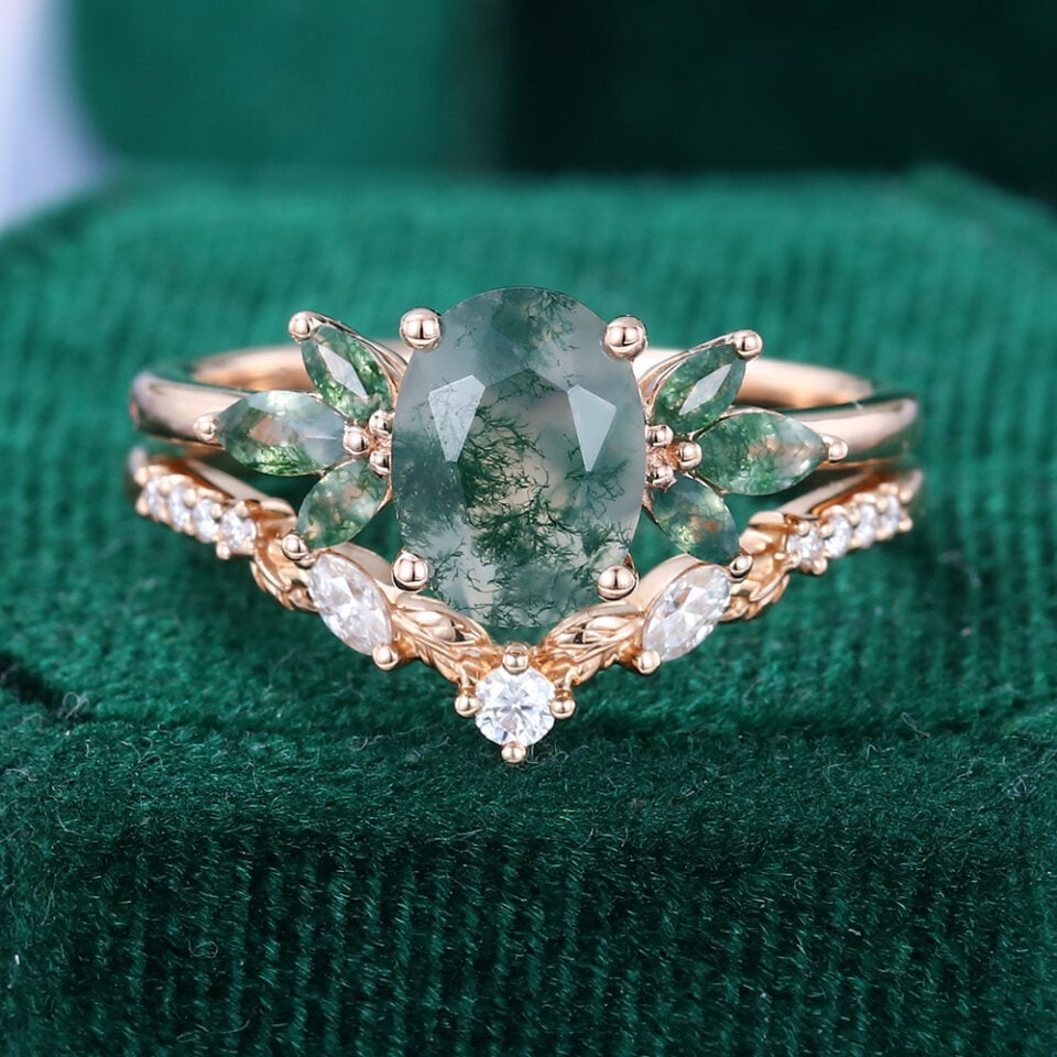 Nature Inspired Oval Cut Moss Agate Marquise Cluster Bridal Set