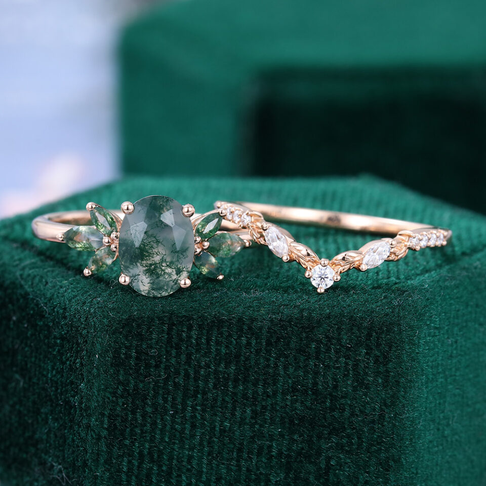 Nature Inspired Oval Cut Moss Agate Marquise Cluster Bridal Set (2)