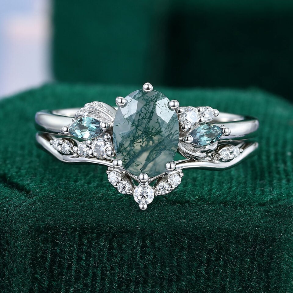 Oval Cut Moss Agate & Alexandrite Cluster Bridal Ring Set